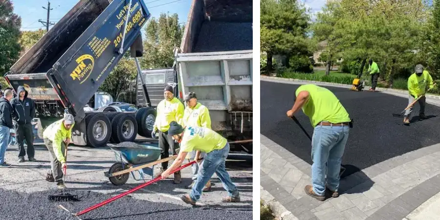 Two scenes of asphalt paving in New Jersey: on the left, workers with trucks and wheelbarrow spreading fresh blacktop in parking lot; on the right, paving crew smoothing new asphalt on a residential driveway.