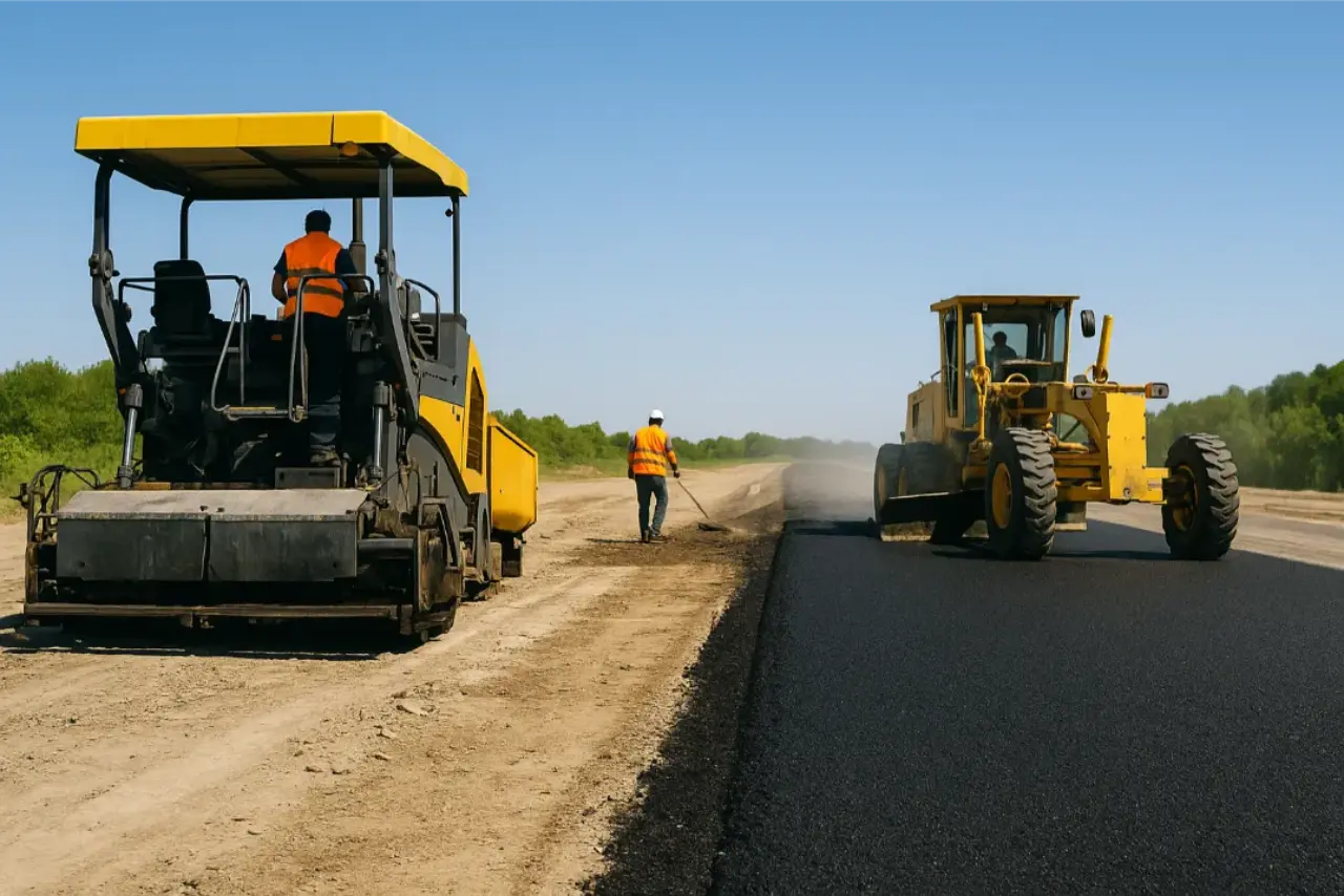 Asphalt paver and roller laying new blacktop on a wide open road in New Jersey under clear skies.