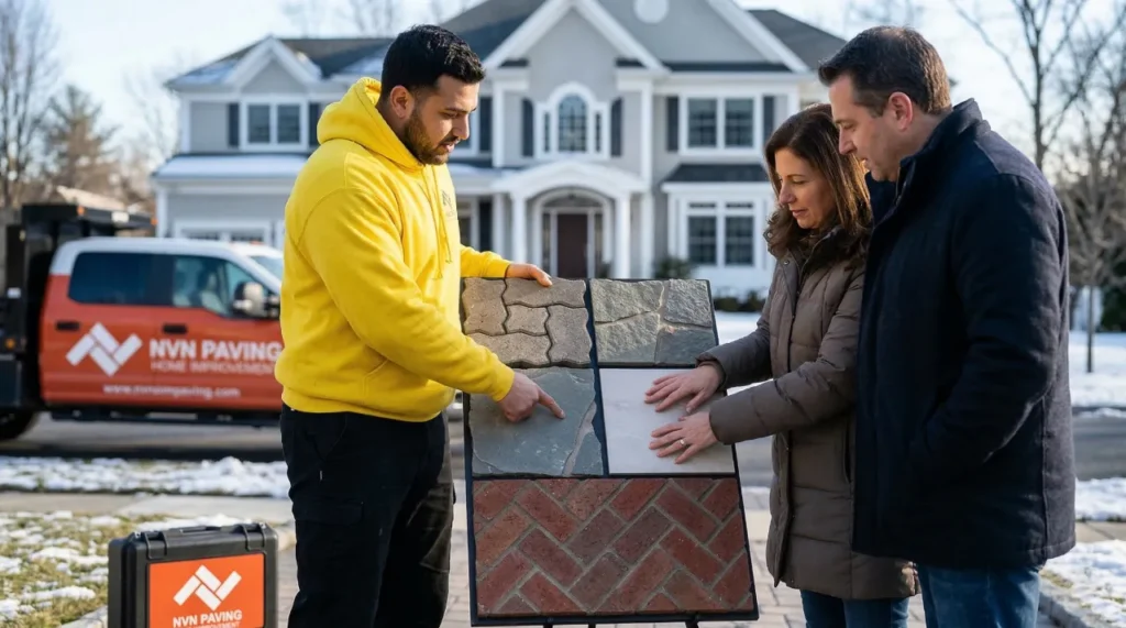 NVN Paving contractor in Bergen County, NJ, showing homeowners a sample board of freeze-resistant backyard patio pavers, including concrete, bluestone, and brick.