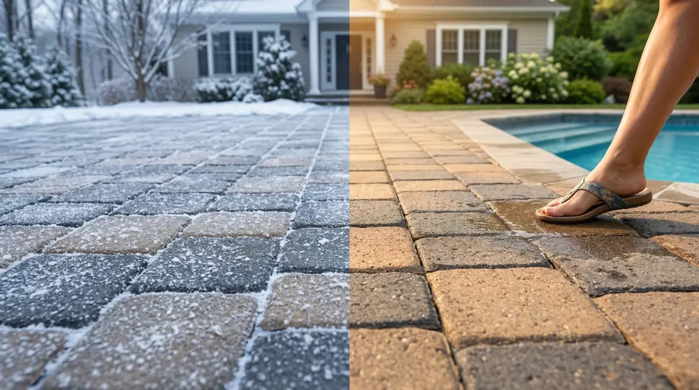 Split-screen view of a New Jersey patio demonstrating seasonal durability. The winter side shows frost on pavers highlighting freeze-thaw resistance, while the summer side shows safe, slip-resistant poolside pavers maintaining vibrant color stability.