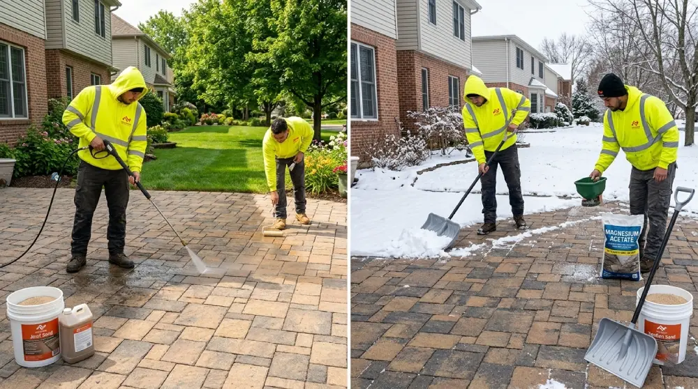 A split-screen showing NVN Paving contractors performing seasonal maintenance on a concrete paver patio in New Jersey. The left side demonstrates spring and summer care, including gentle pressure washing and surface sealing. The right side illustrates safe winter maintenance, showing a contractor using a plastic shovel for snow removal and applying magnesium acetate de-icer to protect the pavers from rock salt damage.