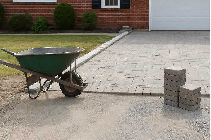 Wide view of a driveway paving project in New Jersey with stacked pavers and a wheelbarrow during installation.