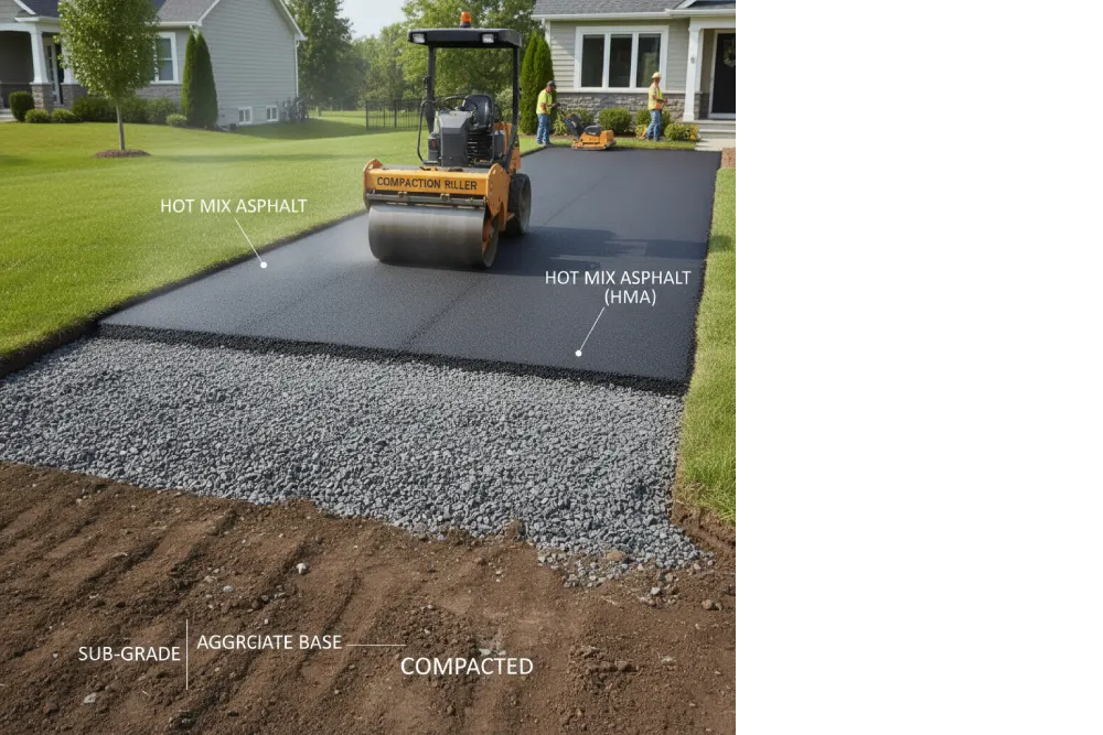 Visual breakdown of a proper driveway paving methodology, showing sub-grade, aggregate base, and hot mix asphalt (HMA) compaction for residential driveways in NJ.