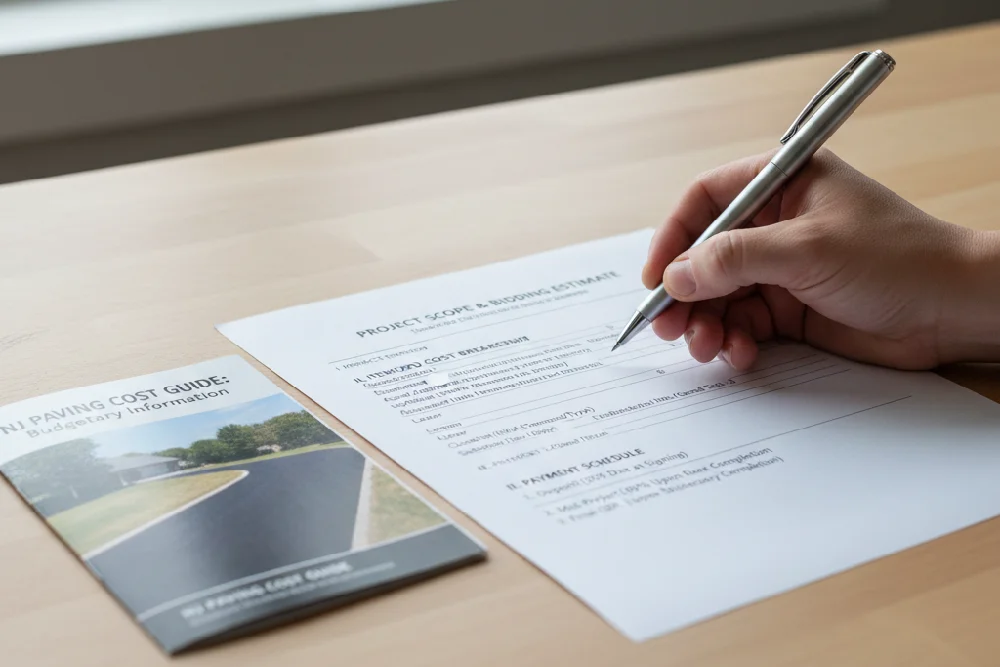 Image depicting a detailed, itemized paving project estimate and clear payment schedule, crucial for the bidding process with a NJ contractor.