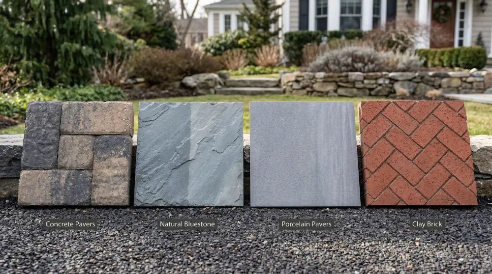 A visual comparison of four NJ-friendly patio paver materials for Bergen County backyards, featuring durable concrete pavers, natural bluestone, modern porcelain, and classic clay brick.
