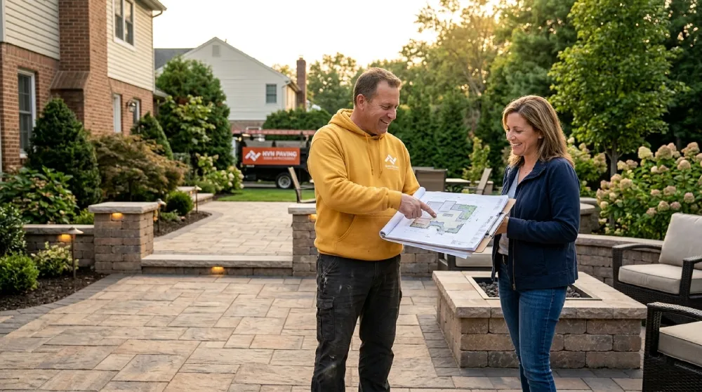 NVN Paving contractor in a bright yellow hoodie reviewing custom backyard patio blueprints with a homeowner in Bergen County, NJ. The background shows a professional stone fire pit, built-in seating, and a luxury paver patio with professional landscaping.