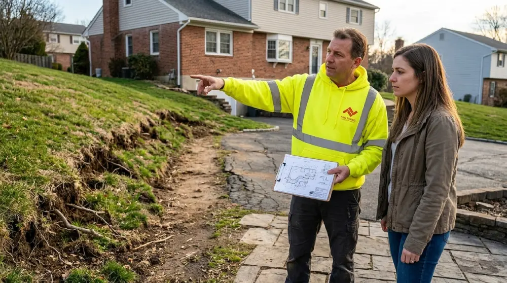 An NVN Paving project manager (wearing branded safety gear) consults with a homeowner in a New Jersey backyard, reviewing architectural blueprints. He points toward a retaining wall/slope challenge while planning patio, walkway, and driveway paving. The consultation is on a brick paver patio with suburban NJ homes in the background.