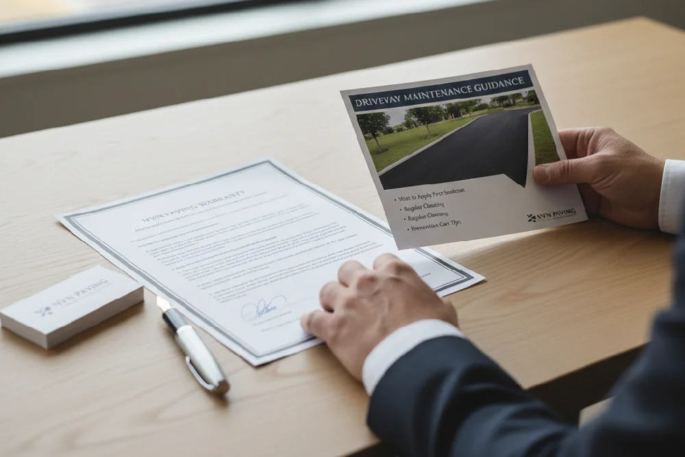 Image showing a written driveway paving warranty and maintenance guidance, highlighting aftercare support and long-term protection from a New Jersey contractor.