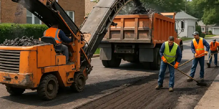 Excavator and dump truck removing old asphalt surface before new installation.