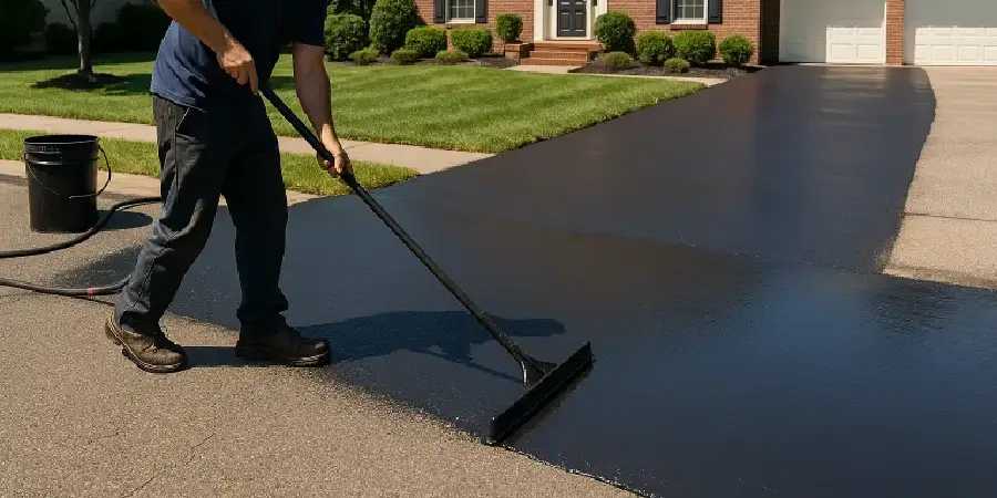 NVN Paving worker applying sealcoat on a smooth asphalt driveway in Bergen County for long-lasting pavement protection.