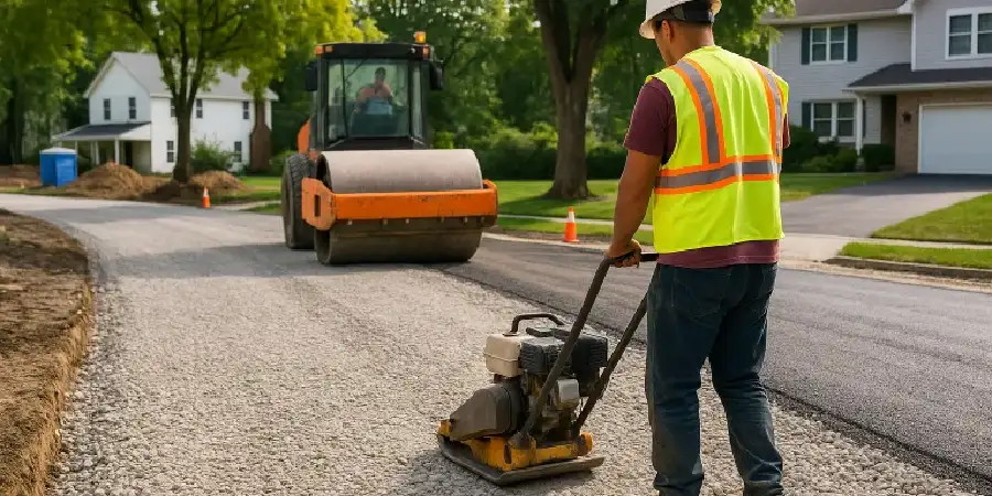 Construction team compacting crushed stone sub base for new asphalt pavement.