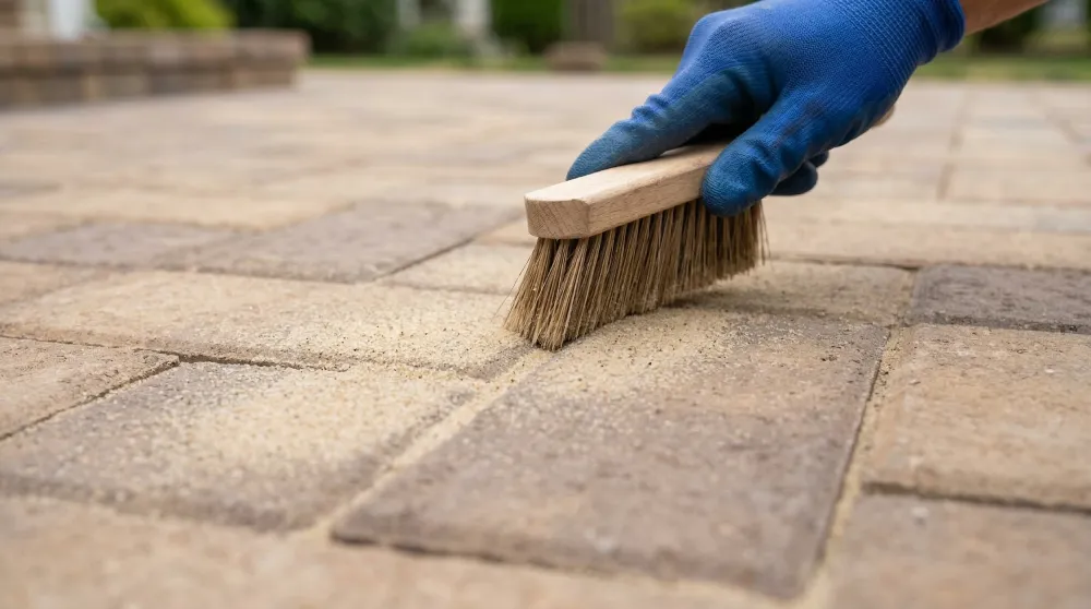 A macro photograph showing a gloved hand sweeping fine, high-quality polymeric joint sand into the precise crevices between multi-tonal concrete pavers on a patio in Teaneck, NJ. The NVN Paving professional is ensuring maximum interlocking strength and preventing future weed growth in the Bergen County climate.