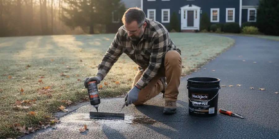 Close-up of asphalt driveway crack repair with patching material in NJ