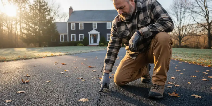 Homeowner inspecting an asphalt driveway for cracks before cold weather in New Jersey