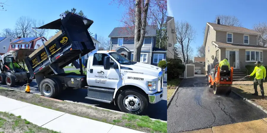 NVN Paving crew and truck working on a residential asphalt driveway paving project in New Jersey.