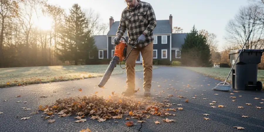 Asphalt pavement being cleaned of leaves and debris before the first snowfall in NJ