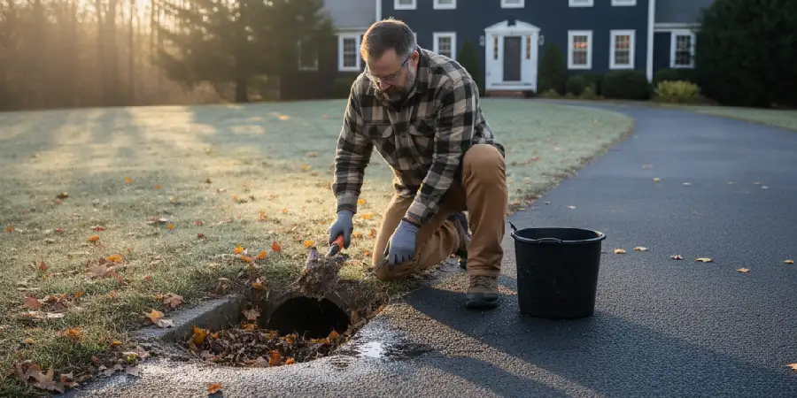 Professional repairing asphalt driveway drainage to prevent winter freeze-thaw damage in New Jersey