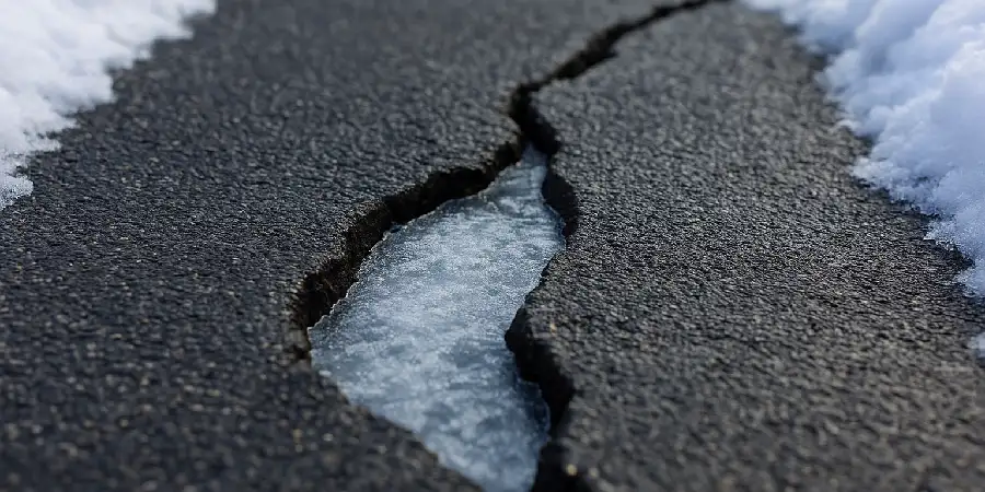 Close-up of an asphalt driveway crack filled with ice, showing freeze-thaw cycle damage during winter in New Jersey.