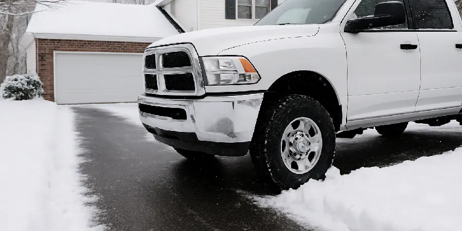 Heavy pickup truck parked on asphalt driveway during snowy winter in NJ causing surface stress