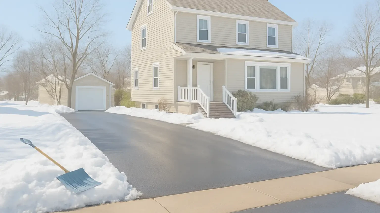 Suburban New Jersey home with a freshly sealed asphalt driveway cleared of snow, brightened to show winter readiness for 2025.