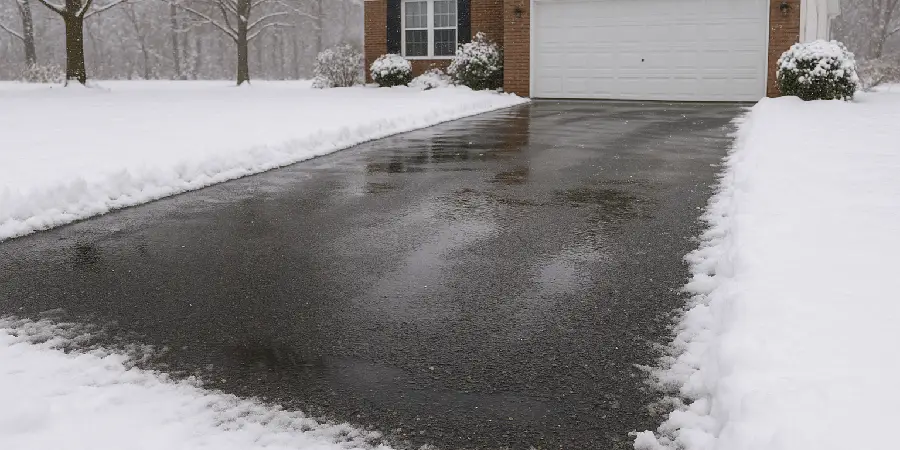 Residential asphalt driveway in Morris County, NJ prepared with sealcoating before snowfall