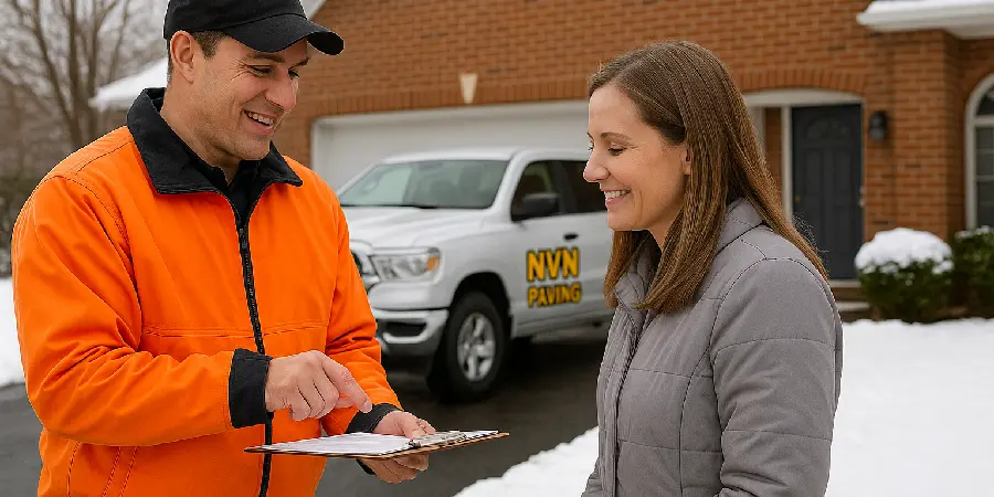 Contractor advising a homeowner on sealcoating and drainage to prepare an asphalt driveway for winter in Morris and Warren County, NJ.
