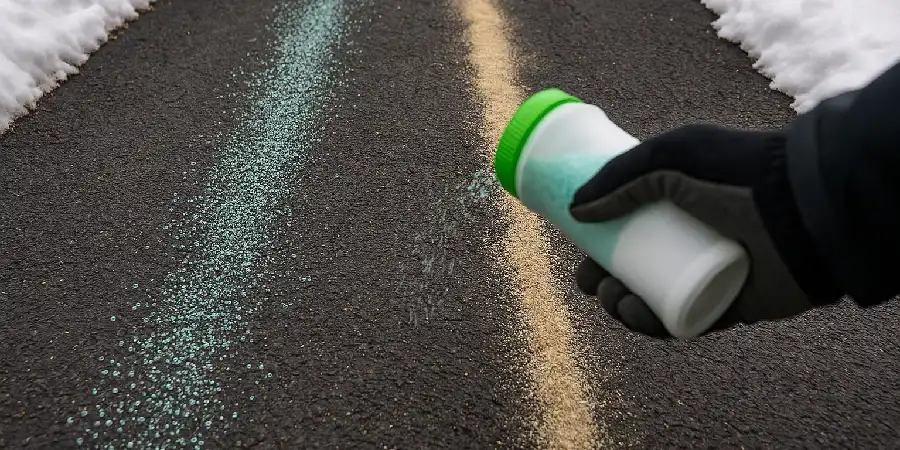 Eco-friendly ice melt spread on asphalt driveway in New Jersey instead of rock salt