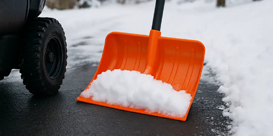 Using a plastic shovel for safe snow removal instead of metal shovel on an asphalt driveway in New Jersey.