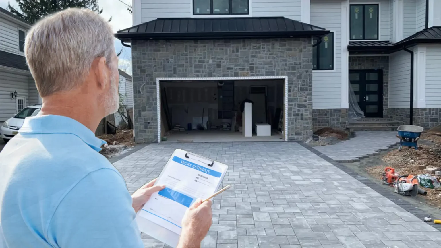 Contractor reviewing driveway paving estimate for a New Jersey home with newly installed paver driveway in 2025.
