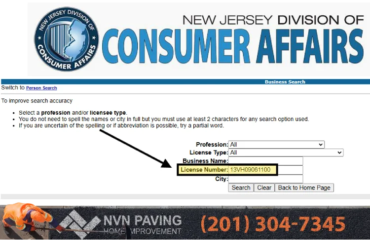 Screenshot of New Jersey Division of Consumer Affairs license lookup showing NVN Paving license number 13VH09061100 in full compliance.