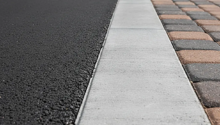 Comparison of asphalt, concrete, and paver materials laid side-by-side to show different textures and colors for paving projects.