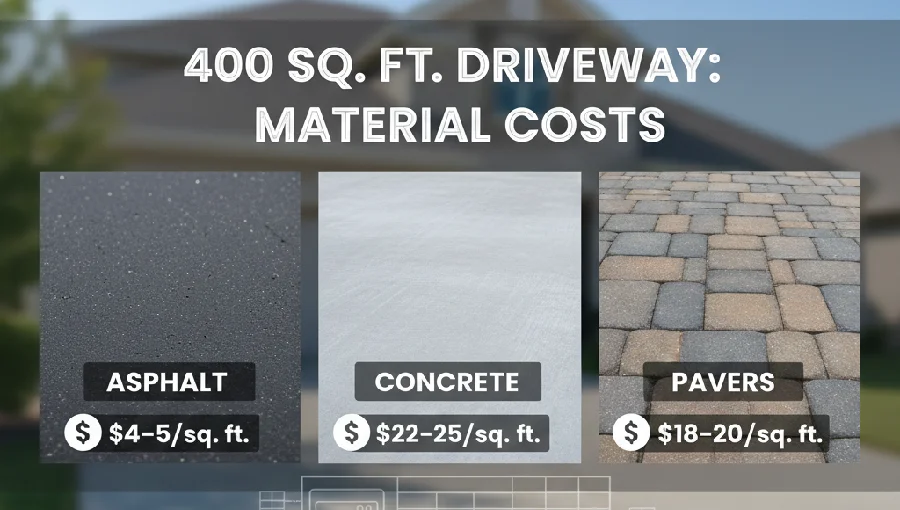 Cost comparison graphic for a 400 sq. ft. driveway, detailing the differences between asphalt, concrete, and paver materials.
