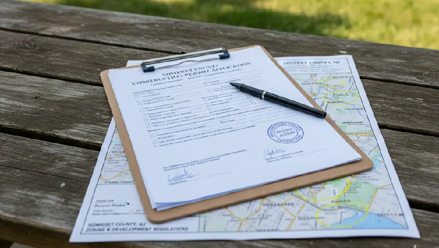 Official permit documents and a map highlighting a township, illustrating how local regulations, inspection fees, and permits affect final paving costs in Somerset County, NJ.