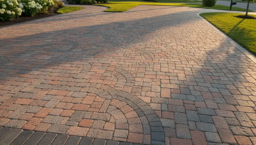 A beautiful paver driveway featuring interlocking stones in varying colors and patterns, installed on a residential property in Somerset County, NJ.
