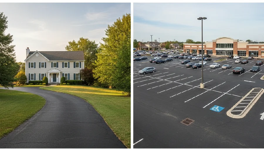 A contrasting wide image showing a peaceful residential driveway on one side and a large, bustling commercial parking lot on the other, highlighting project scope differences.