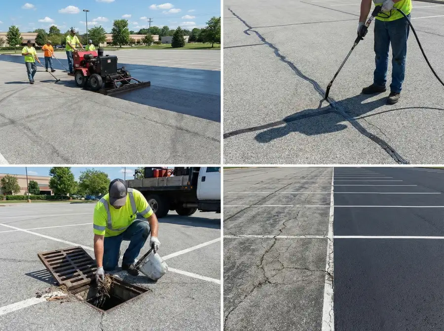 A four-panel photo collage illustrating preventive maintenance for commercial asphalt parking lots, showing a crew performing sealcoating, a worker crack filling to prevent water damage, drainage maintenance on a catch basin, and a before-and-after comparison of a maintained lot surface.