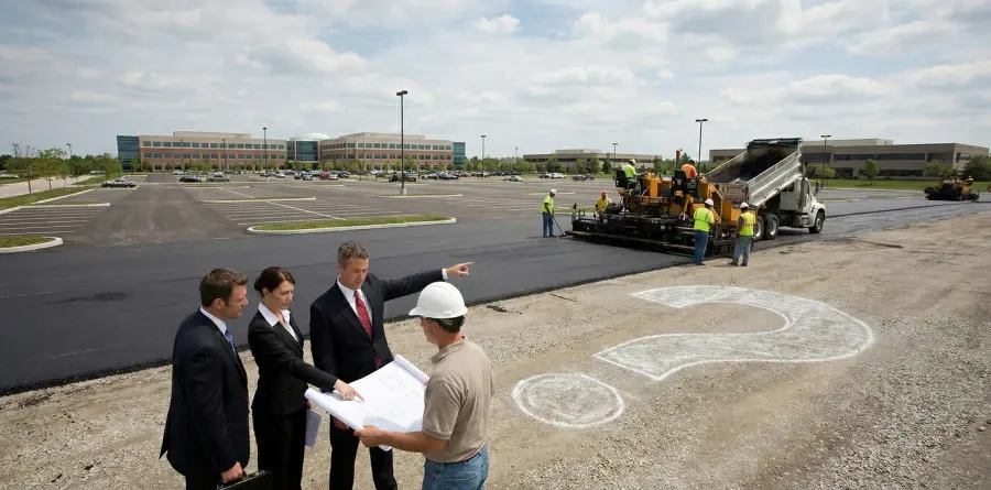 Commercial property owners reviewing blueprints with a paving contractor at an active construction site, symbolizing common questions about parking lot paving costs and budgeting for large-scale projects.