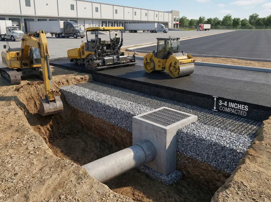 3D cross-section illustration of commercial parking lot construction, showing sub-base excavation, geogrid stabilization, drainage pipe and catch basin installation, and a 3-4 inch compacted asphalt layer with paving equipment.