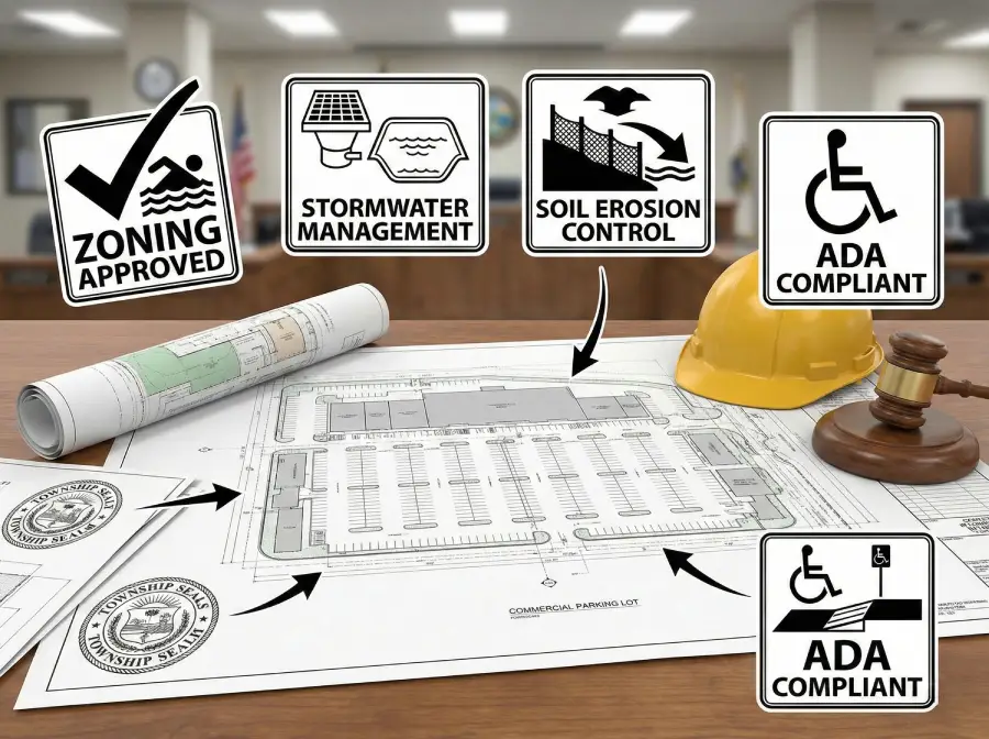Concept image showing commercial parking lot blueprints overlaid with icons for Zoning, Stormwater Management, Soil Erosion Control, and ADA Compliance permits, alongside township seals, a hard hat, and a gavel, representing the regulatory process for paving projects in Somerset County, NJ.