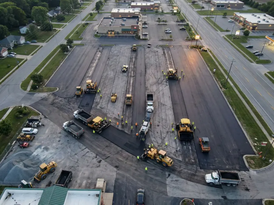 Aerial view of a large-scale commercial parking lot paving operation during dusk, showing multiple pavers, rollers, and trucks working simultaneously, illustrating the extensive labor and equipment required for major projects.
