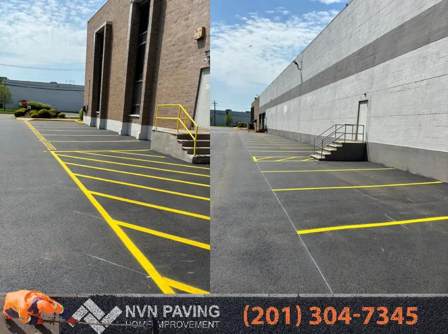 A split image showing two examples of commercial asphalt paving projects by NVN Paving in New Jersey, featuring freshly striped parking lots and loading areas next to industrial buildings, with the company's logo and contact phone number at the bottom.