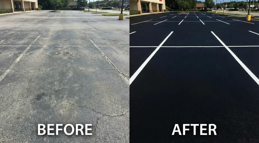 A split-screen comparison photo of a commercial asphalt parking lot in New Jersey. The "Before" side on the left shows faded, gray, cracked pavement, while the "After" side on the right demonstrates a freshly applied, deep black sealcoat with new white striping, illustrating pavement protection and extended life.