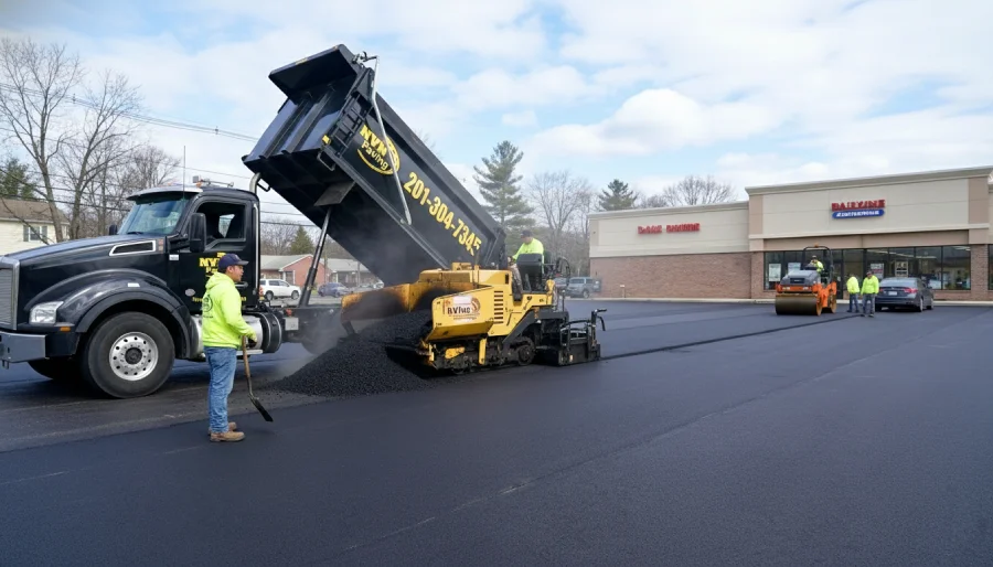 NVN Paving crew and dump truck performing commercial asphalt paving services on a large parking lot in Bergen County, NJ, demonstrating heavy equipment capabilities.