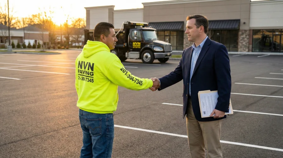 NVN Paving crew leader shaking hands with a business owner on a completed commercial parking lot in Bergen County, NJ, representing our guarantee of transparent pricing and expert execution.