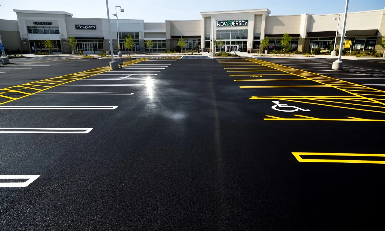 Freshly paved commercial parking lot in New Jersey featuring smooth black asphalt, bright yellow striping, and ADA-compliant handicap markings in front of a retail center.