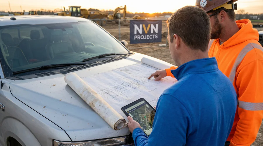 NVN Paving project managers reviewing NJ DOT site plans and navigating the GeoCivix Portal on a tablet to ensure municipal zoning compliance for a commercial project in Bergen County, NJ.