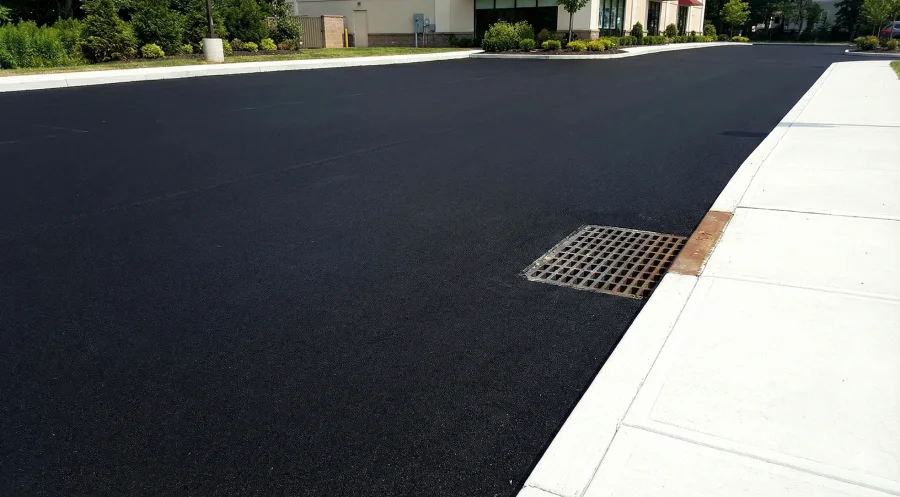 Freshly paved commercial asphalt parking lot in New Jersey featuring integrated concrete curbing, sidewalks, and a catch basin drainage system, illustrating comprehensive paving services.