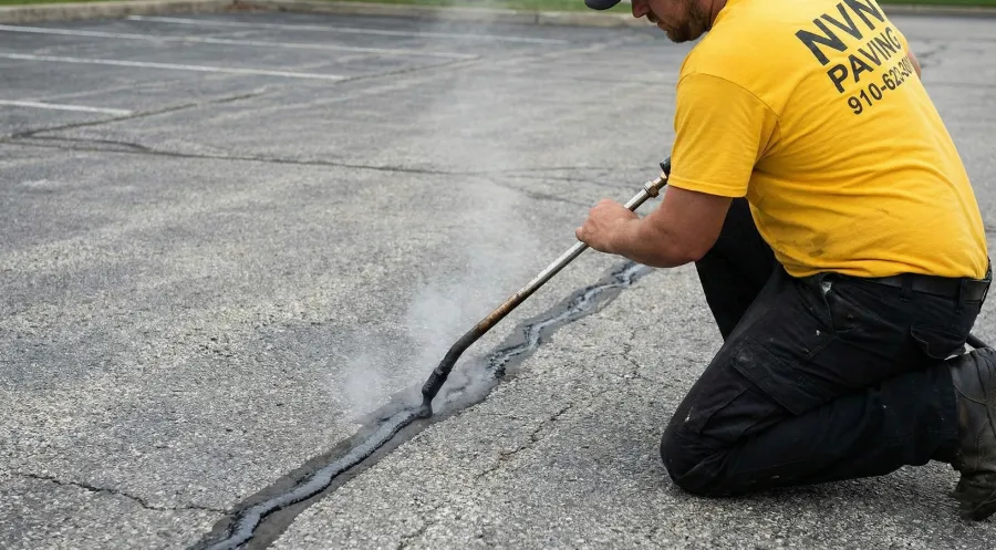 An NVN Paving professional in a branded yellow shirt uses a hot-pour wand to perform industrial-grade asphalt crack sealing on a commercial parking lot in New Jersey.