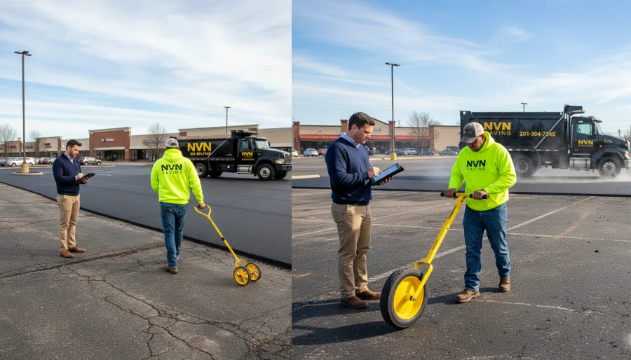 NVN Paving contractor measuring commercial parking lot square footage in Bergen County, NJ, to determine accurate paving costs and ensure budget transparency.