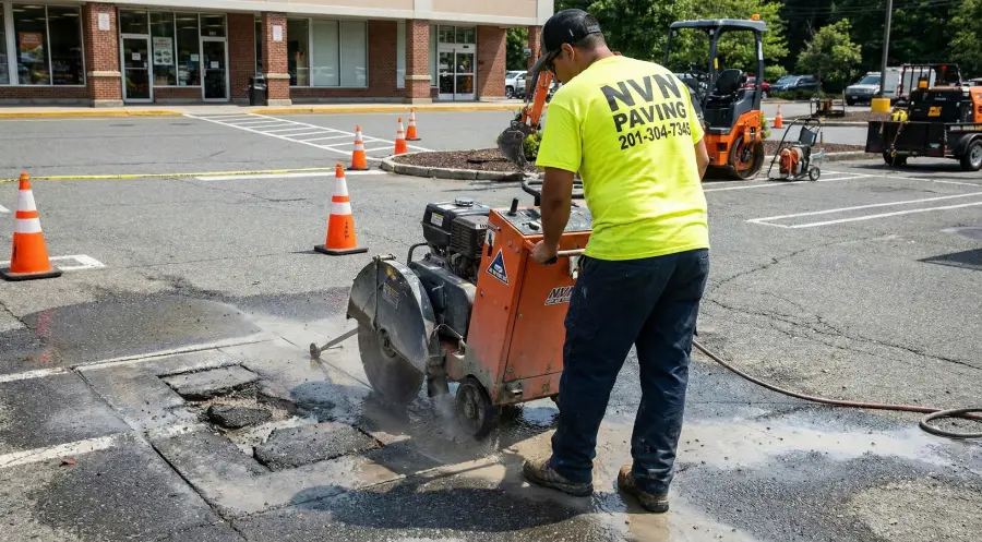 An NVN Paving crew member wearing a branded yellow shirt with phone number 201-304-7345 uses a large concrete saw to cut out damaged asphalt for a professional repair in a New Jersey commercial parking lot.